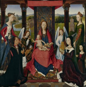 A Virgem e o Menino com Santos e Doadores, um painel do &39;The Donne Triptych&39; c.1478 (óleo sobre carvalho)